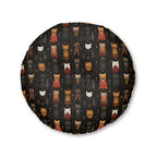 Indoor Round Floor Pillow - A striking and sophisticated Art Deco-style pattern of felines with bold, intricate lines and dramatic geometric shapes, all rendered in a unique gold and gray color palette.