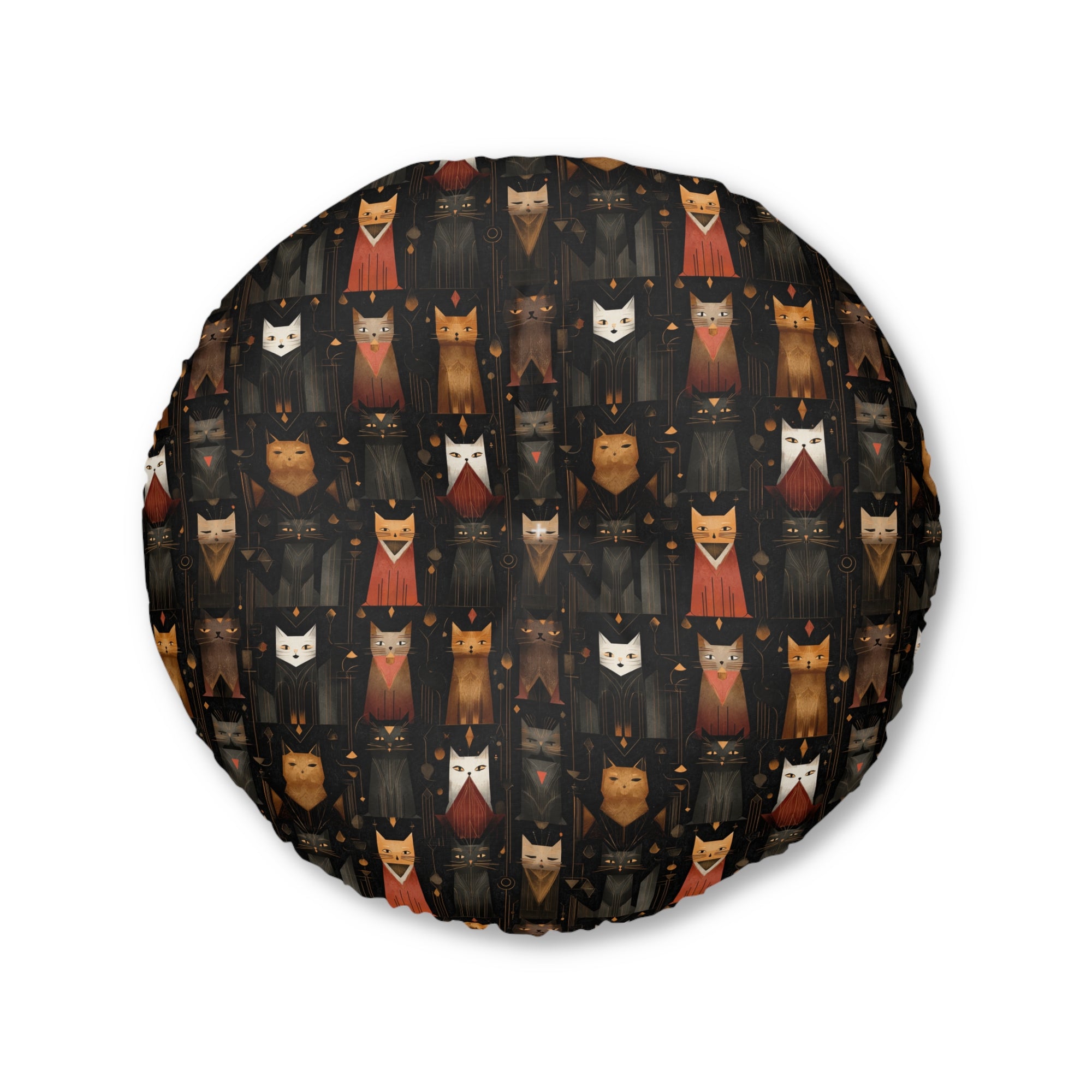 Indoor Round Floor Pillow - A striking and sophisticated Art Deco-style pattern of felines with bold, intricate lines and dramatic geometric shapes, all rendered in a unique gold and gray color palette.