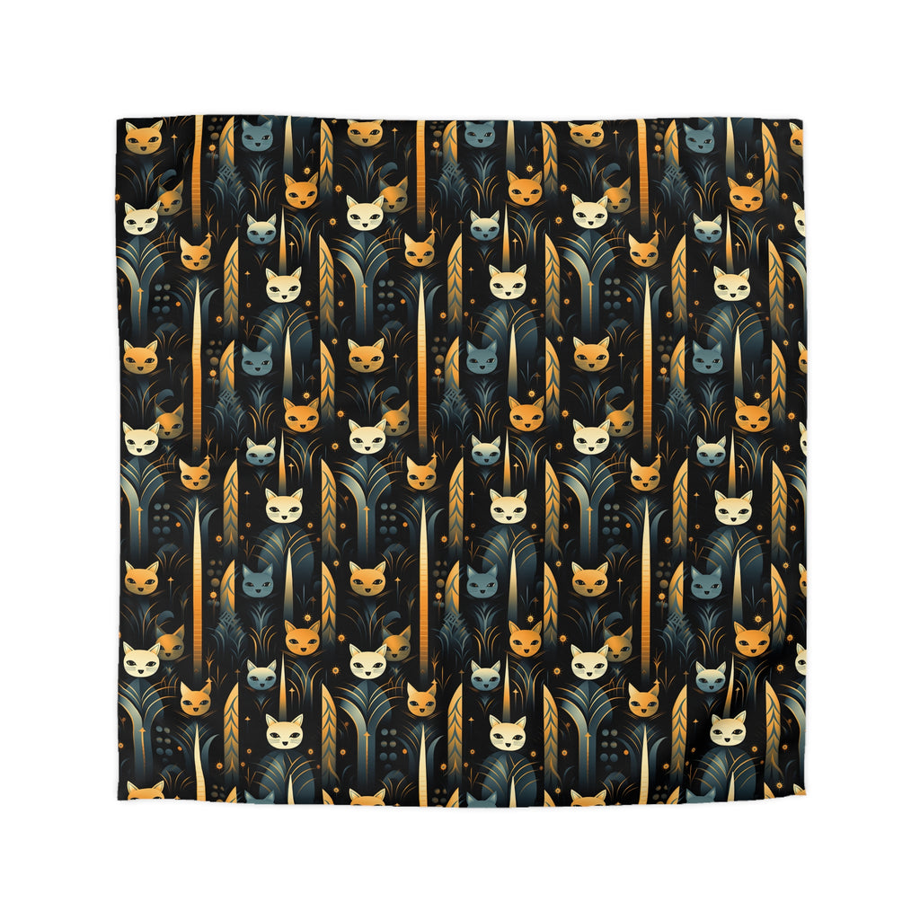 Duvet Cover - A sleek and stylish Art Deco-inspired pattern depicting a serene nocturnal landscape with streamlined cat silhouettes and radiating golden light among abstract plants.