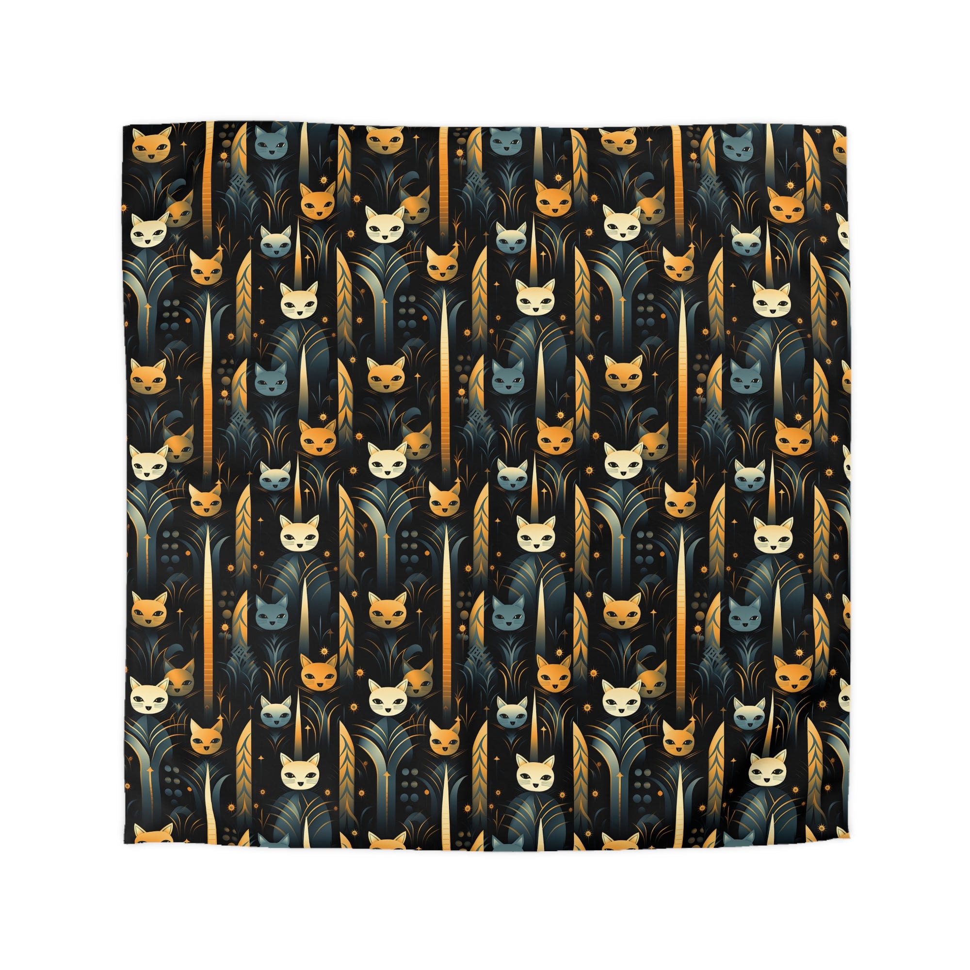 Duvet Cover - A sleek and stylish Art Deco-inspired pattern depicting a serene nocturnal landscape with streamlined cat silhouettes and radiating golden light among abstract plants.