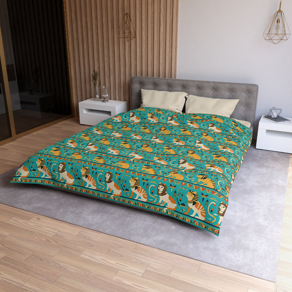 Duvet Cover - Horizontal Stripes of Golden Egyptian Cats and Intricate Hieroglyphs Form a Repeating and Historically Themed Border Pattern