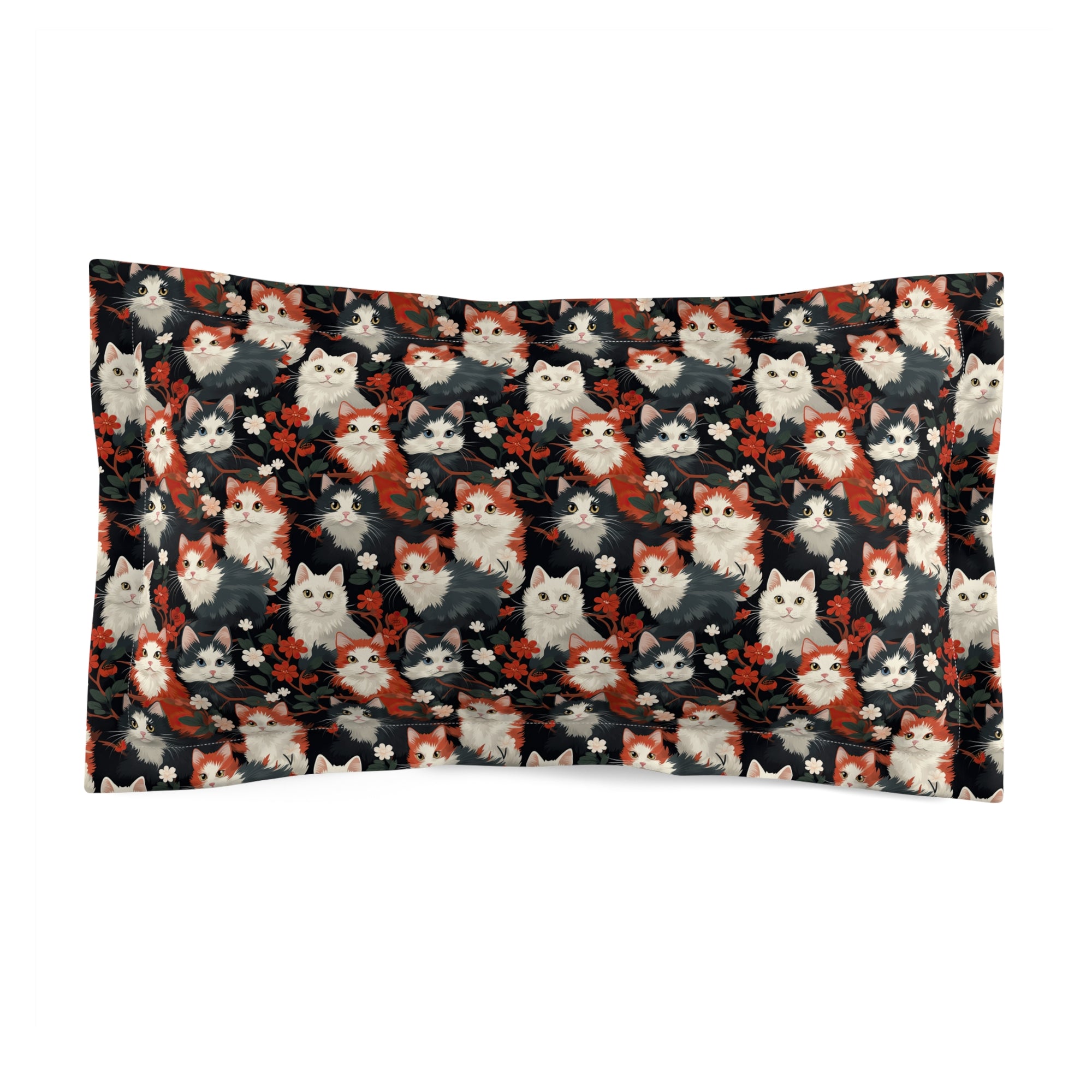 Pillow Sham - A detailed and ornate Victorian-style pattern featuring a tight grouping of fluffy cats of various colors surrounded by black and red flowers and leaves.