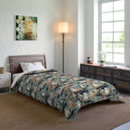 Comforter - A serene watercolor painting of fluffy cats lounging on rocks, surrounded by cherry blossoms and blue water, in a tranquil, nature-filled, Japanese-inspired landscape.