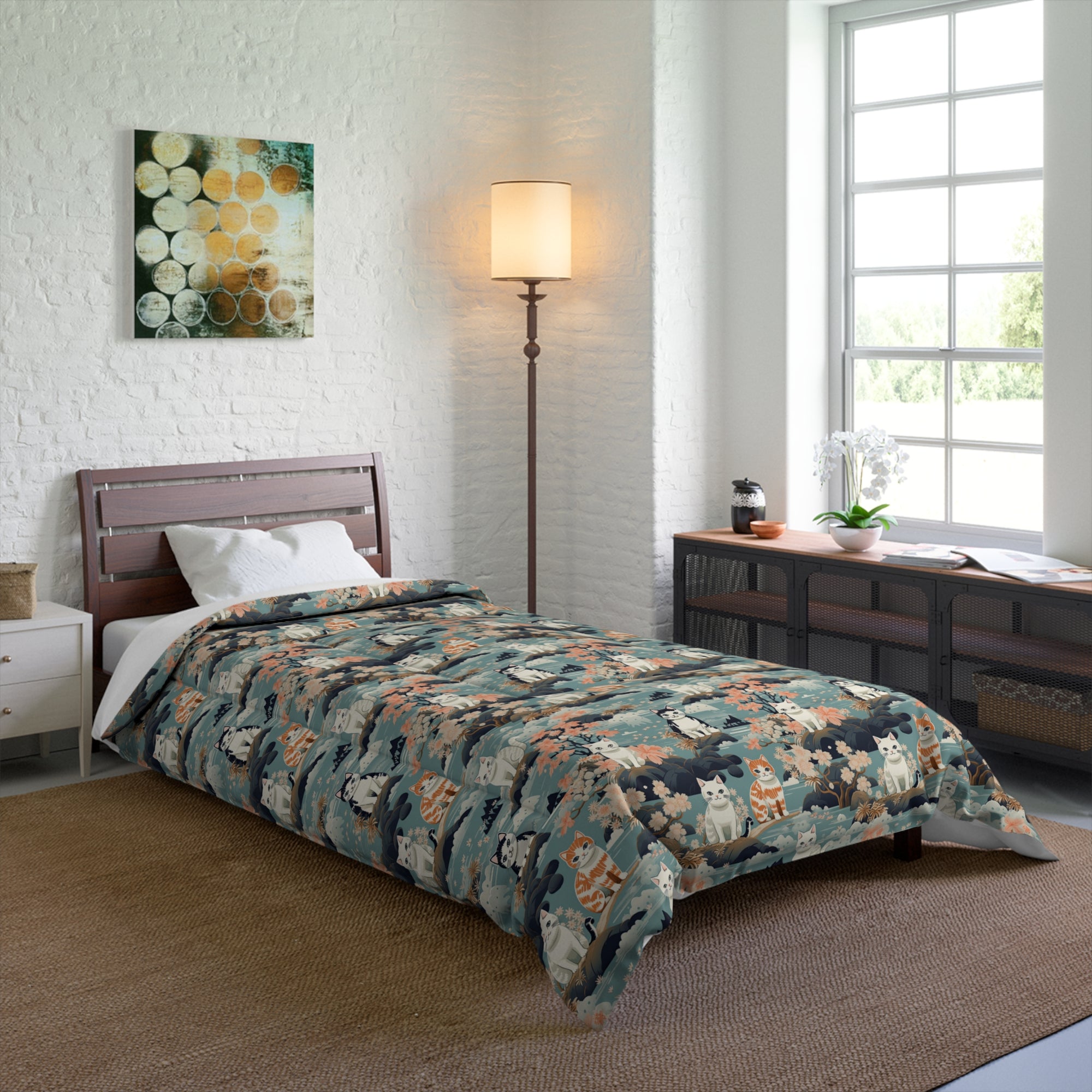 Comforter - A serene watercolor painting of fluffy cats lounging on rocks, surrounded by cherry blossoms and blue water, in a tranquil, nature-filled, Japanese-inspired landscape.