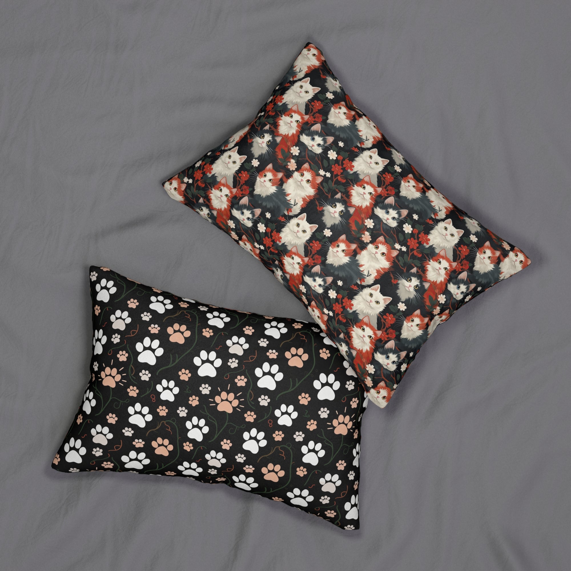 Indoor Lumbar Pillow - A detailed and ornate Victorian-style pattern featuring a tight grouping of fluffy cats of various colors surrounded by black and red flowers and leaves.