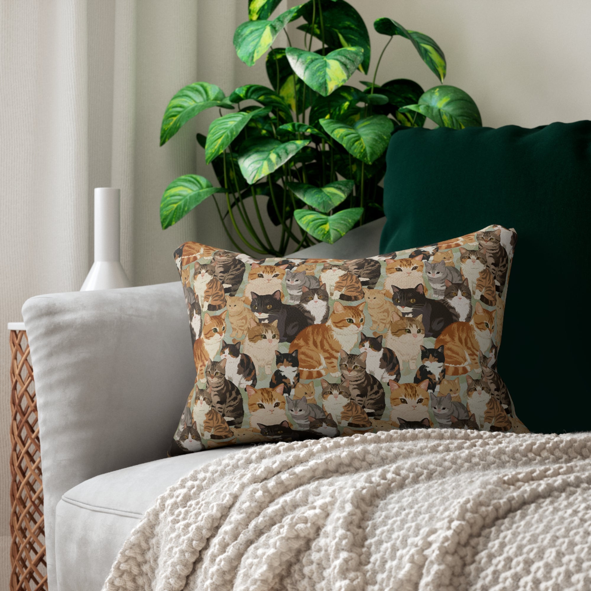 Indoor Lumbar Pillow - A Densely Packed Gathering of Adorable Felines Featuring a Wide Range of Breeds and Playful Expressions in Close Proximity
