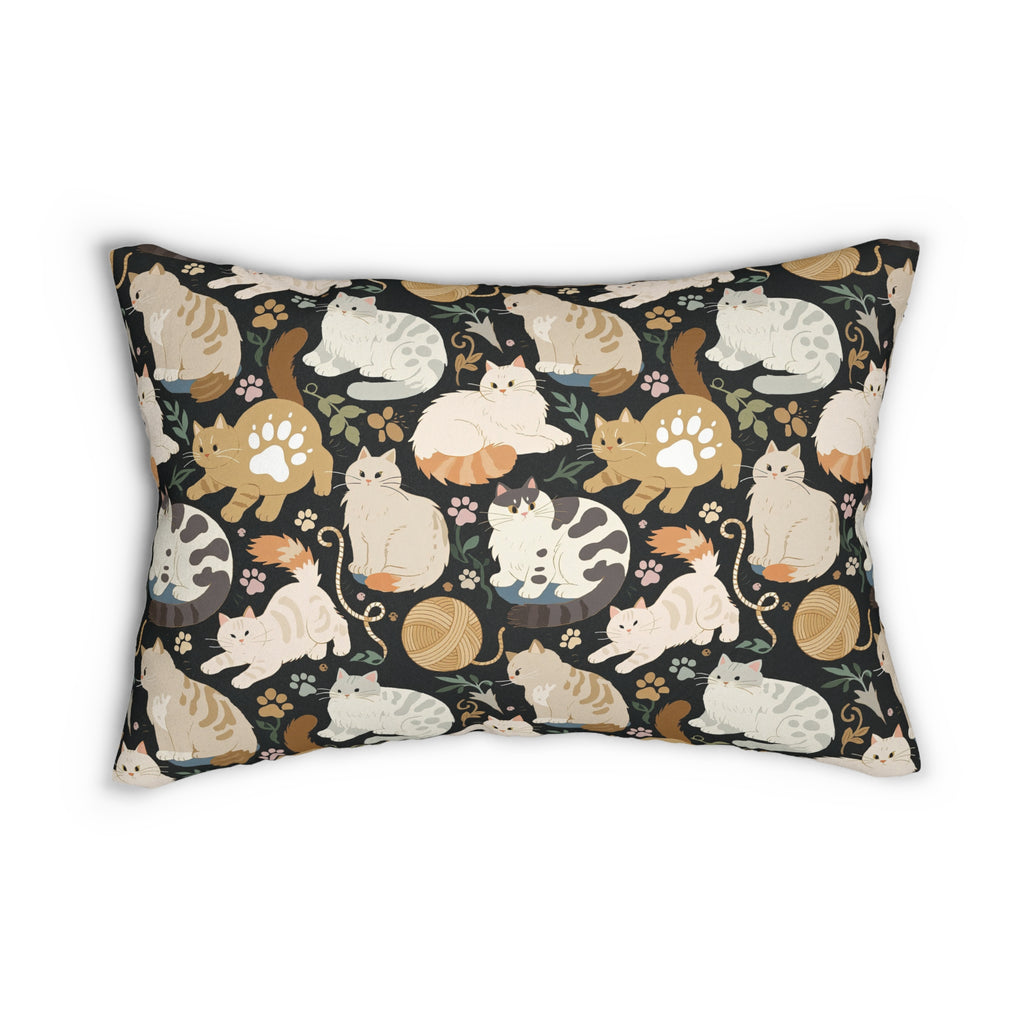 Indoor Lumbar Pillow - Diverse cats and kittens in a dark garden, various breeds and colors, soft natural tones with foliage and paw prints, charming animal illustration, dark background, gentle pet themed art