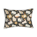 Indoor Lumbar Pillow - Diverse cats and kittens in a dark garden, various breeds and colors, soft natural tones with foliage and paw prints, charming animal illustration, dark background, gentle pet themed art