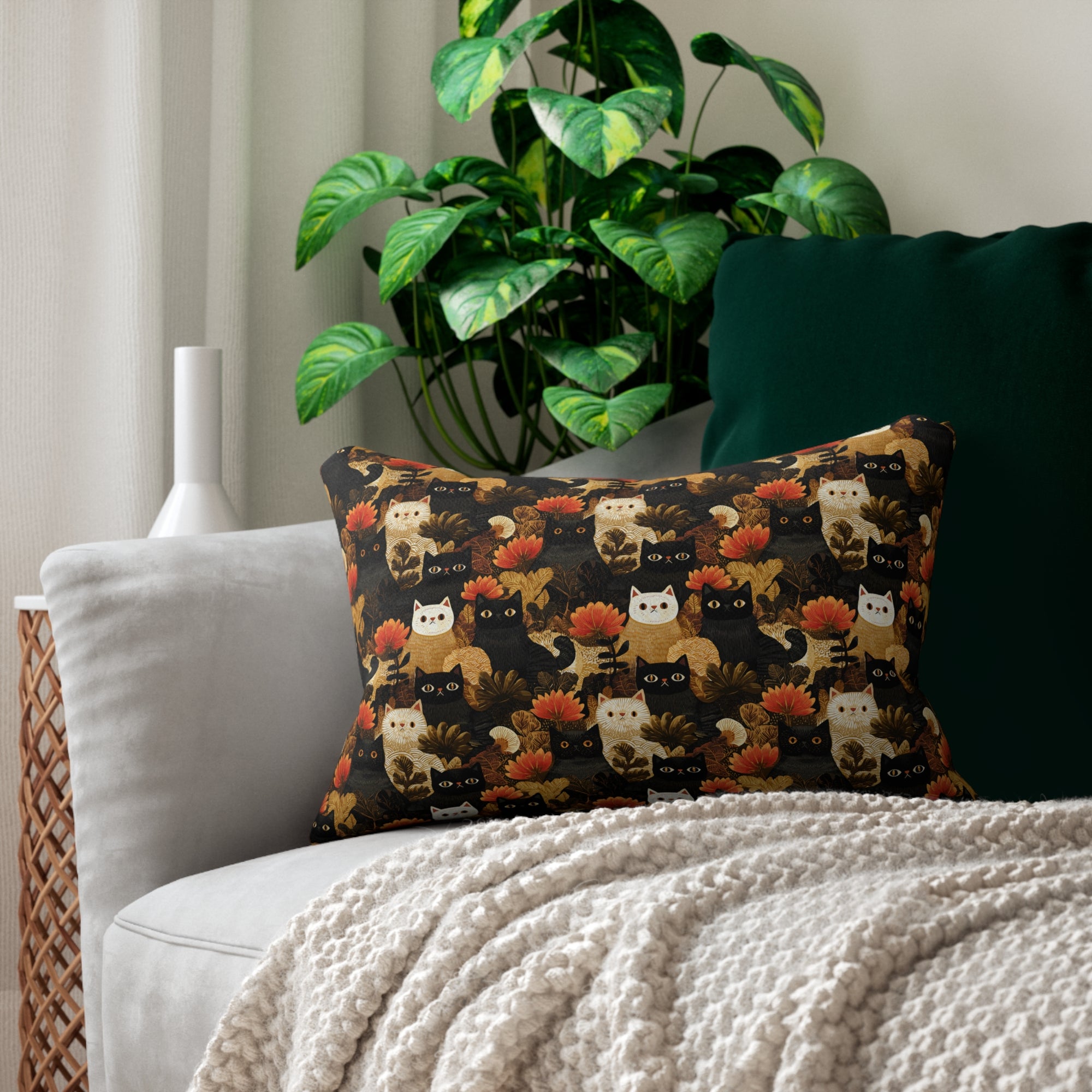 Indoor Lumbar Pillow - A dark and fantastical illustrative painting of many different cats and plants, creating a dense, mysterious, and golden jungle or forest scene.