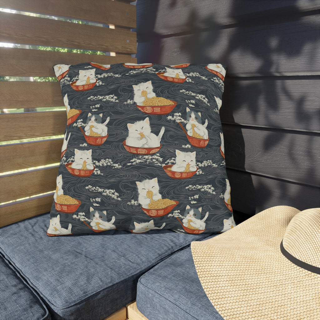 Outdoor Pillow - An adorable and cute pattern of baby cats happily eating steaming ramen noodles from traditional red and white bowls with beautiful white floral elements surrounding them.