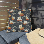 Outdoor Pillow - An adorable and cute pattern of baby cats happily eating steaming ramen noodles from traditional red and white bowls with beautiful white floral elements surrounding them.