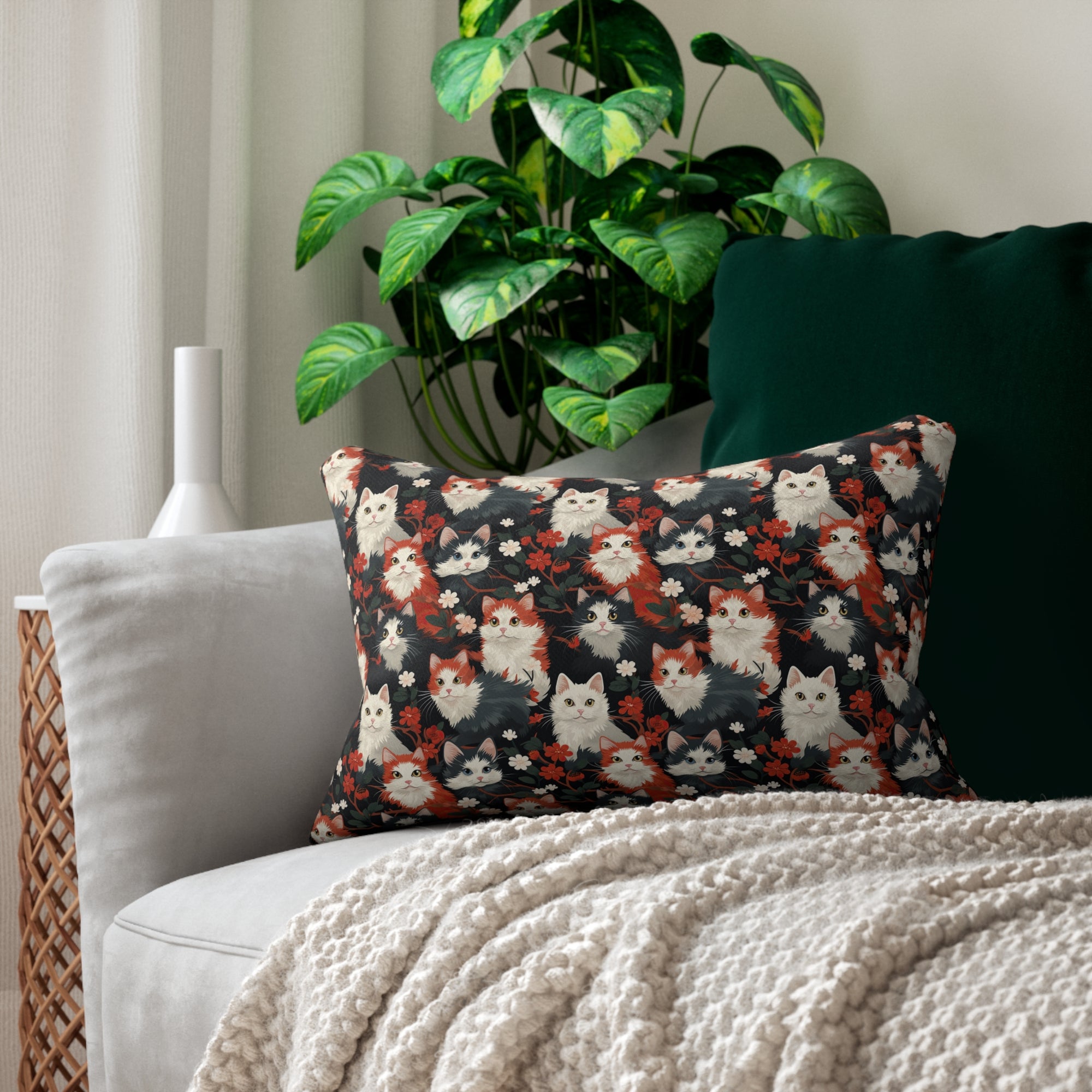 Indoor Lumbar Pillow - A detailed and ornate Victorian-style pattern featuring a tight grouping of fluffy cats of various colors surrounded by black and red flowers and leaves.
