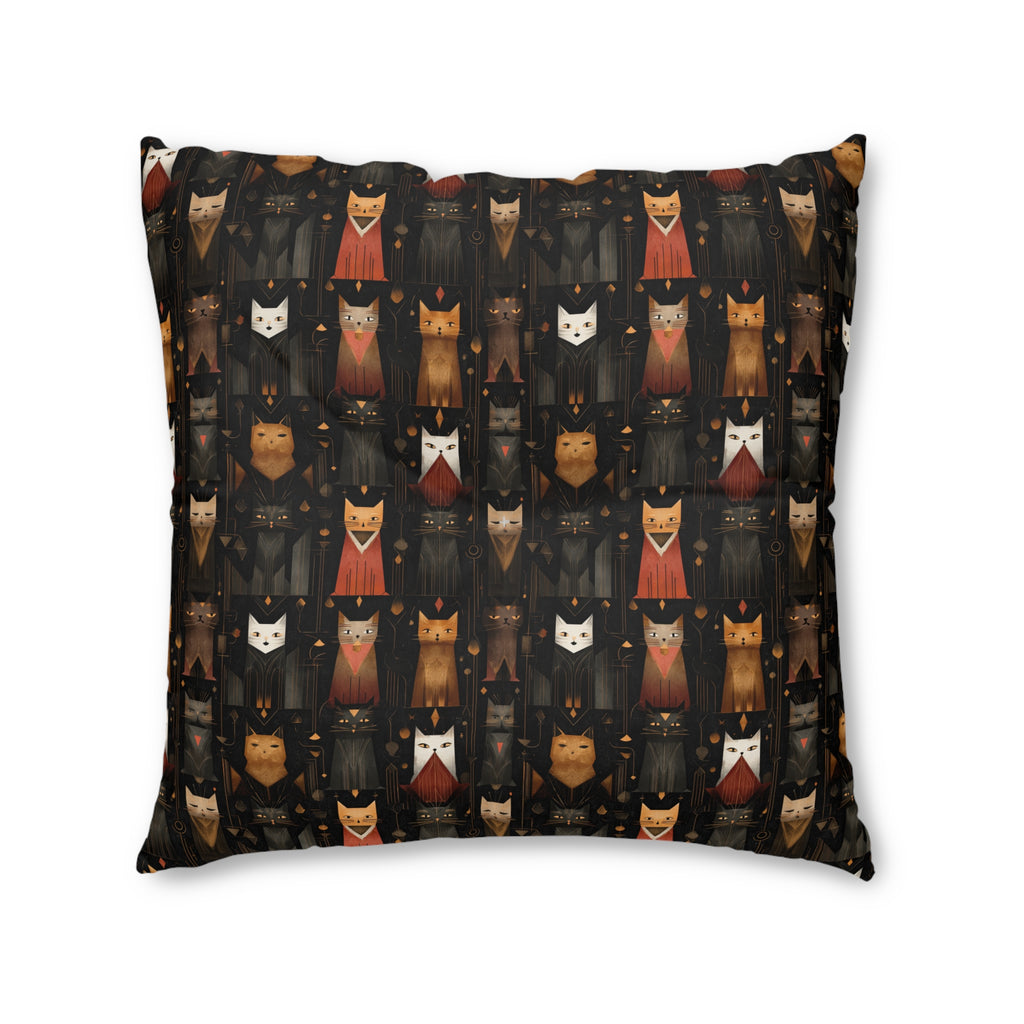 Indoor Square Floor Pillow - A striking and sophisticated Art Deco-style pattern of felines with bold, intricate lines and dramatic geometric shapes, all rendered in a unique gold and gray color palette.