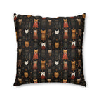 Indoor Square Floor Pillow - A striking and sophisticated Art Deco-style pattern of felines with bold, intricate lines and dramatic geometric shapes, all rendered in a unique gold and gray color palette.