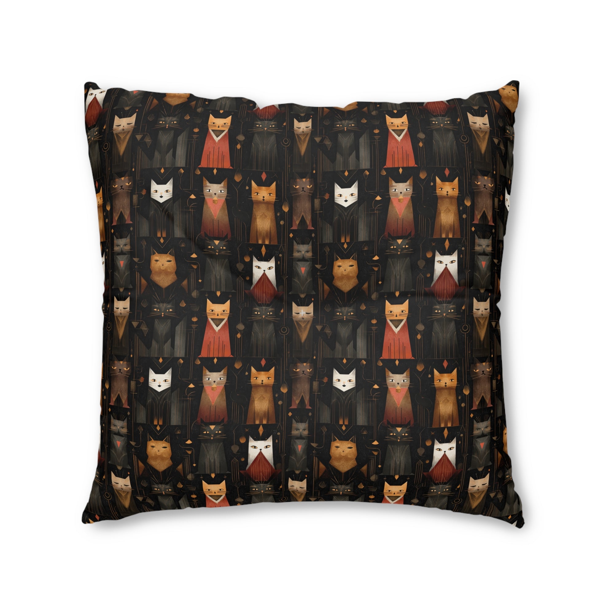 Indoor Square Floor Pillow - A striking and sophisticated Art Deco-style pattern of felines with bold, intricate lines and dramatic geometric shapes, all rendered in a unique gold and gray color palette.