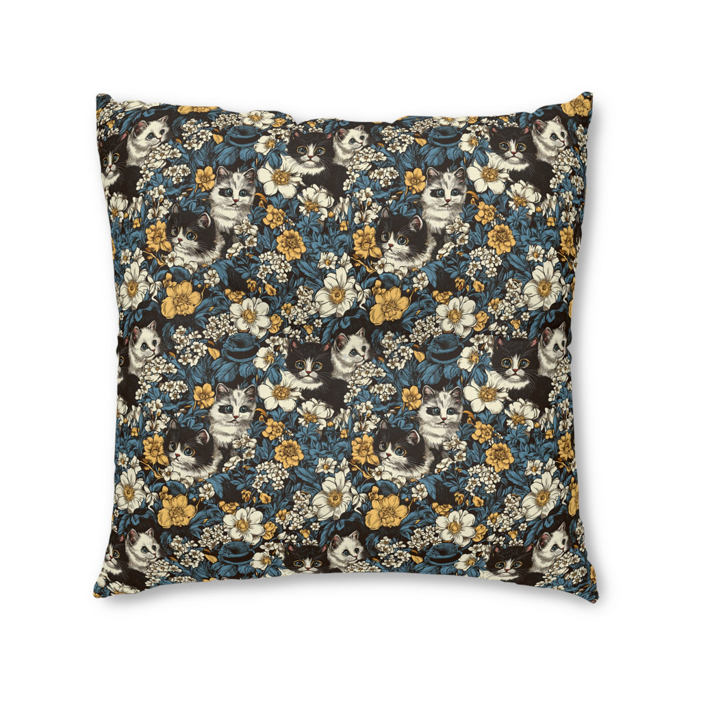 Indoor Square Floor Pillow - Black and White Kittens with Yellow and White Flowers, Dark Blue Leaves, Vintage Charm