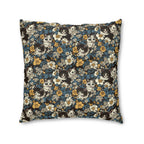 Indoor Square Floor Pillow - Black and White Kittens with Yellow and White Flowers, Dark Blue Leaves, Vintage Charm