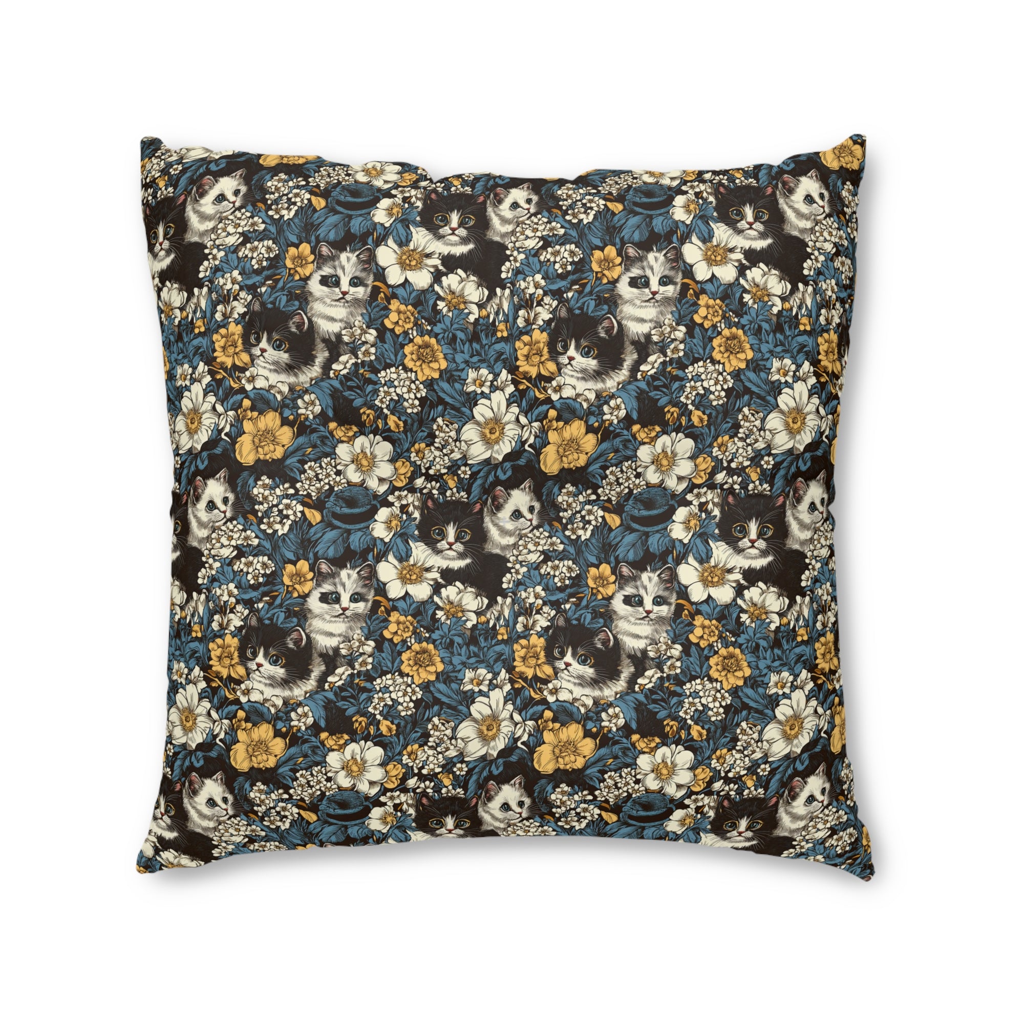Indoor Square Floor Pillow - Black and White Kittens with Yellow and White Flowers, Dark Blue Leaves, Vintage Charm