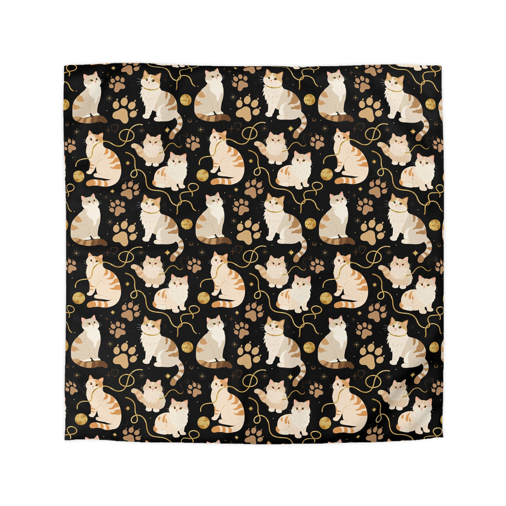 Duvet Cover - Elegant felines and sparkling gold yarn on black, adorable cats with golden paw prints, sophisticated pet motif, charming animal pattern, cozy and warm artistic illustration