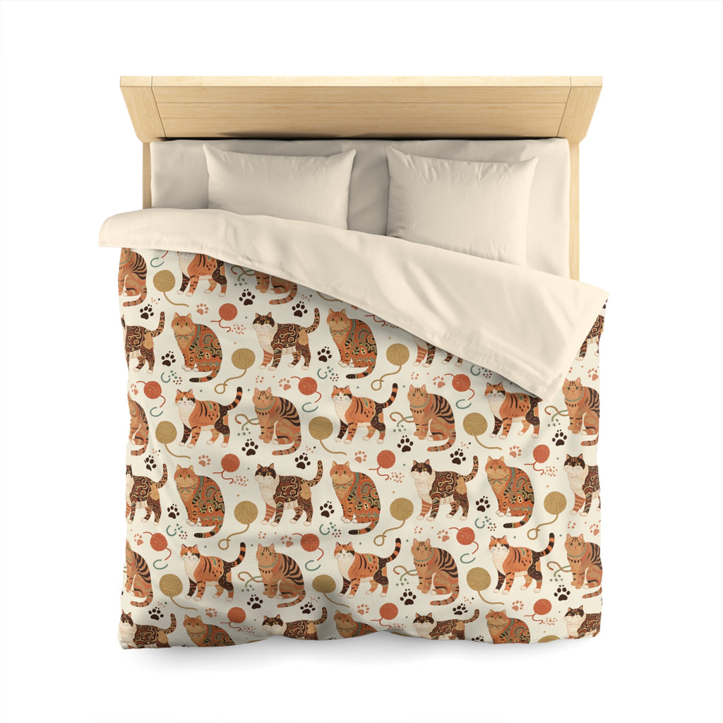 Duvet Cover - Artistic patterned cats in warm earth tones, unique tribal and folk art designs, playful felines with yarn and paw prints, bohemian animal print, cream background, creative cat art