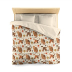Duvet Cover - Artistic patterned cats in warm earth tones, unique tribal and folk art designs, playful felines with yarn and paw prints, bohemian animal print, cream background, creative cat art