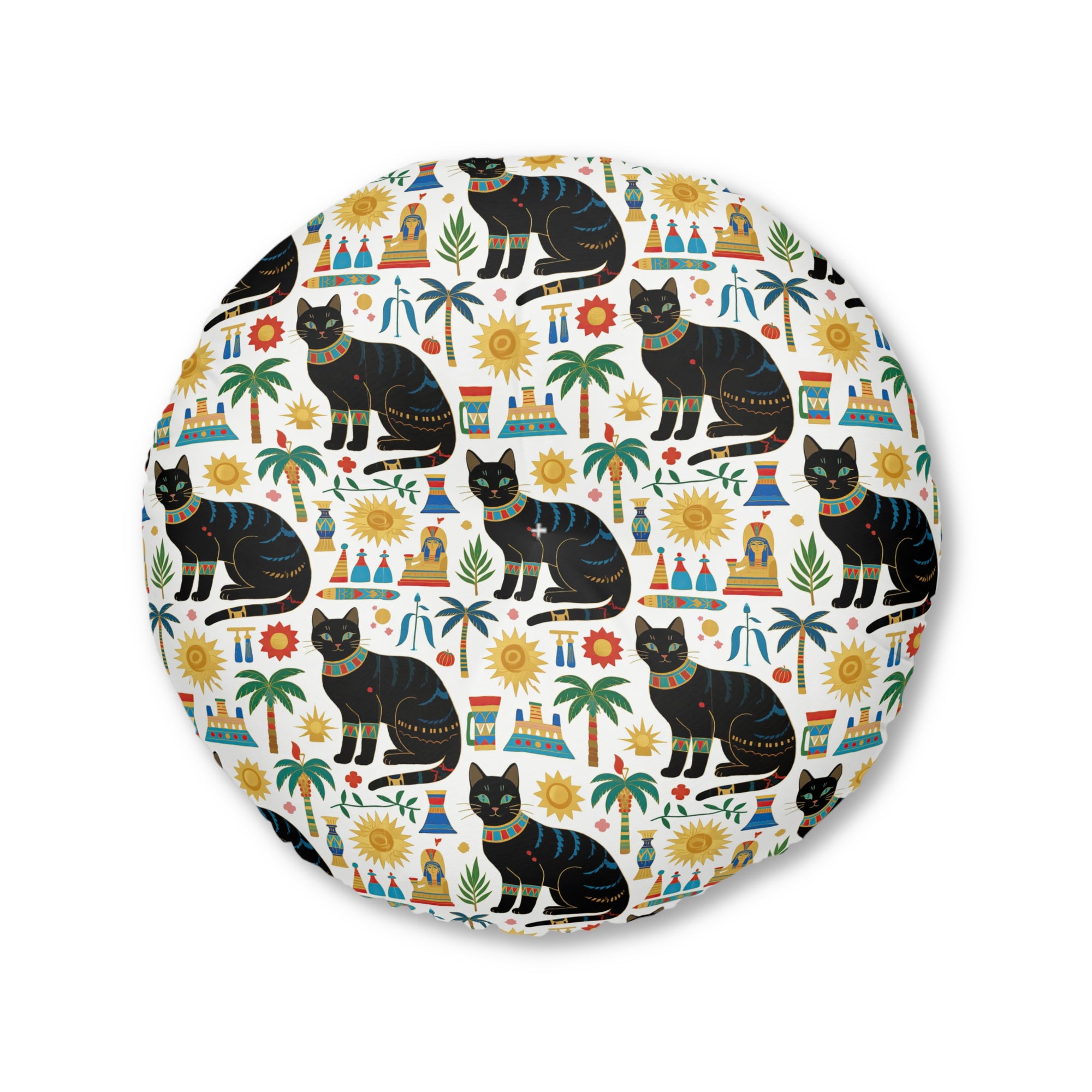 Indoor Round Floor Pillow - Majestic Black Egyptian Cats with Vibrant Adornments and Desert Motifs Create a Striking and Culturally Rich Design