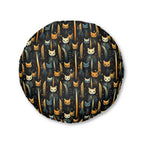 Indoor Round Floor Pillow - A sleek and stylish Art Deco-inspired pattern depicting a serene nocturnal landscape with streamlined cat silhouettes and radiating golden light among abstract plants.