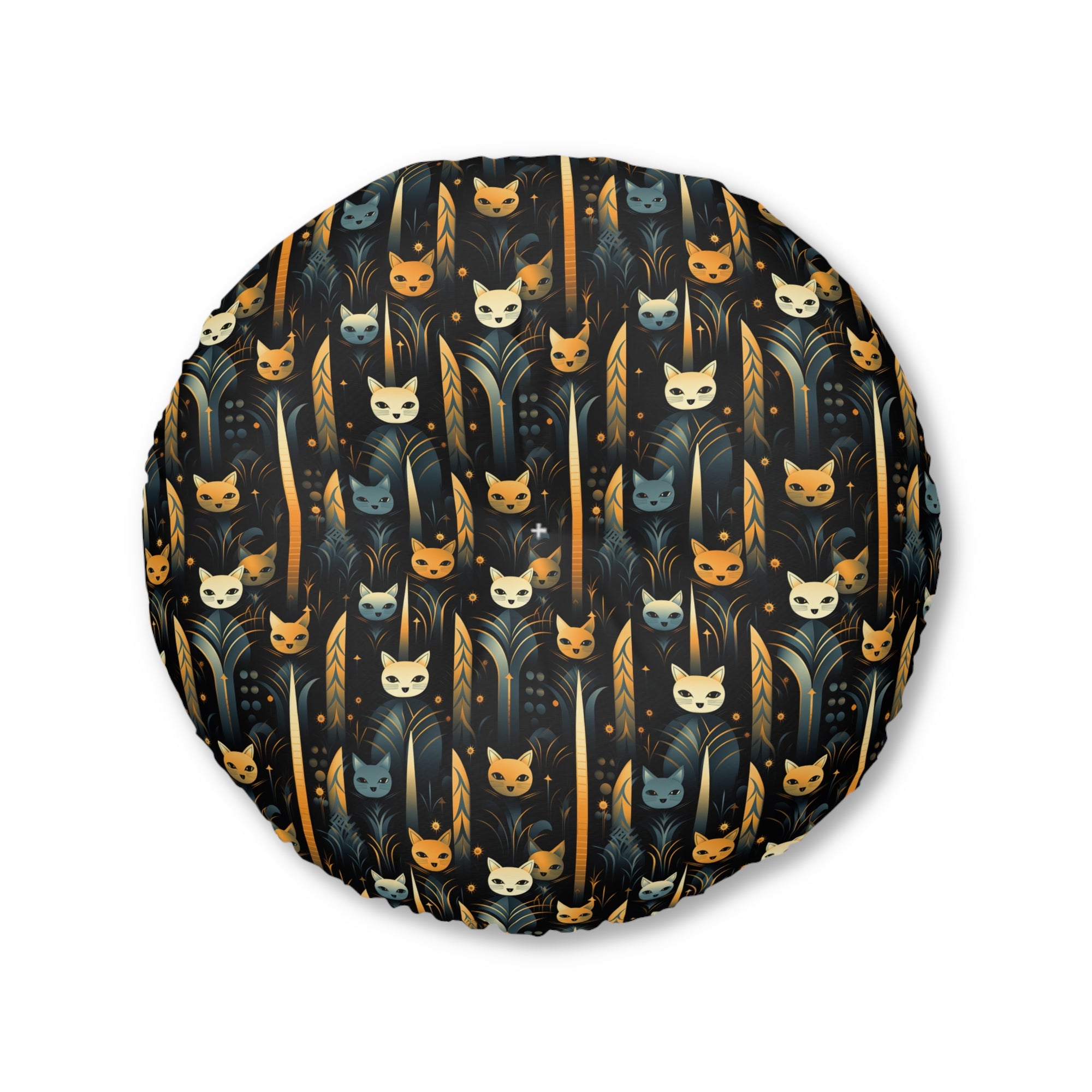 Indoor Round Floor Pillow - A sleek and stylish Art Deco-inspired pattern depicting a serene nocturnal landscape with streamlined cat silhouettes and radiating golden light among abstract plants.
