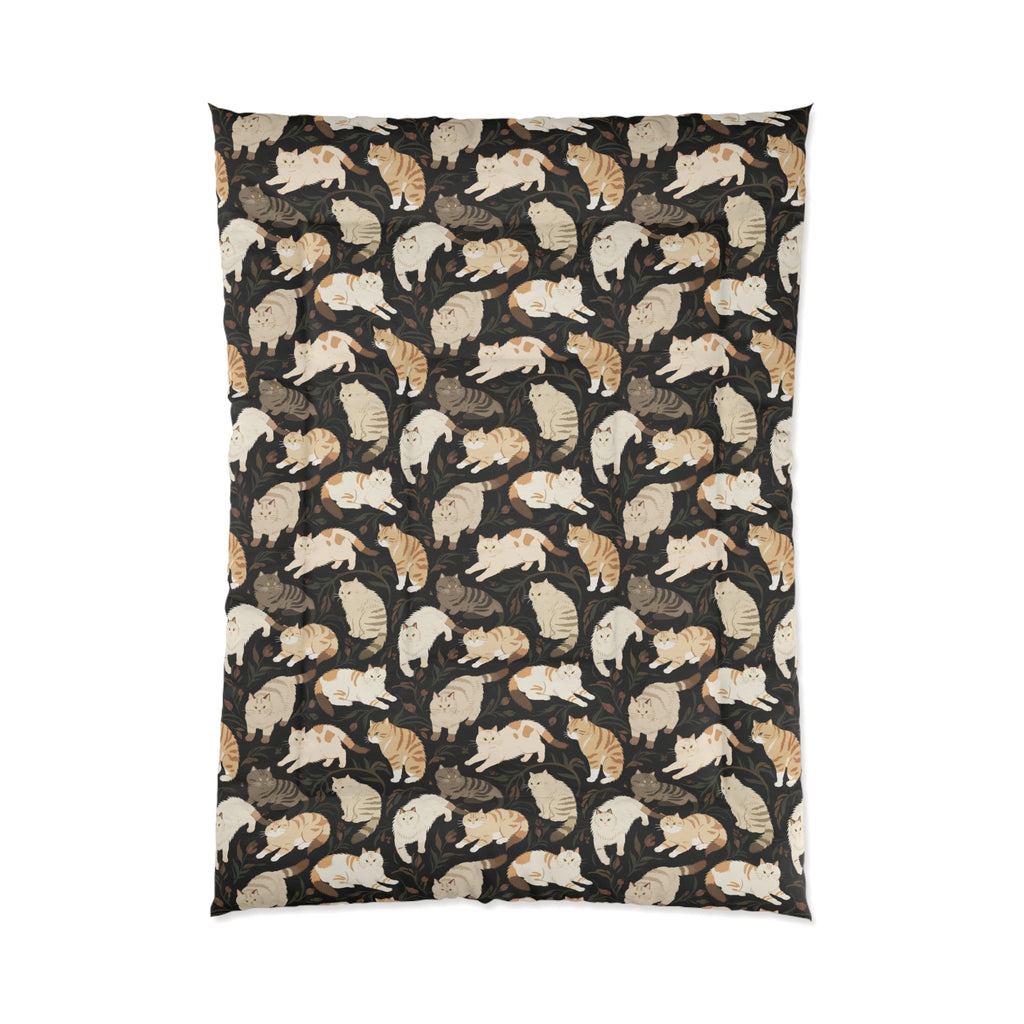 Comforter - Earthy Toned Cats Lounge and Play Amidst Dark Foliage in a Serene and Naturally Inspired Seamless Pattern Design
