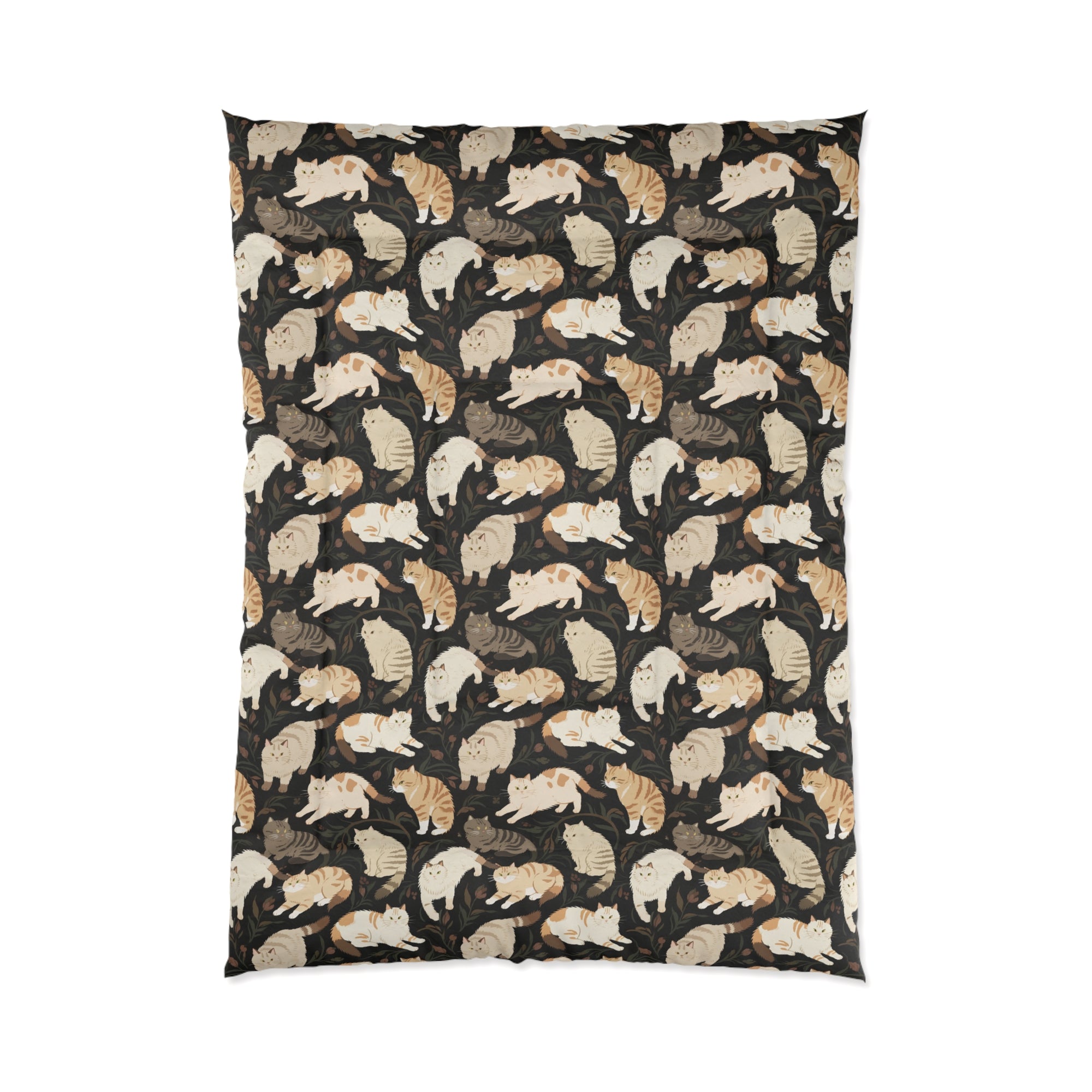 Comforter - Earthy Toned Cats Lounge and Play Amidst Dark Foliage in a Serene and Naturally Inspired Seamless Pattern Design