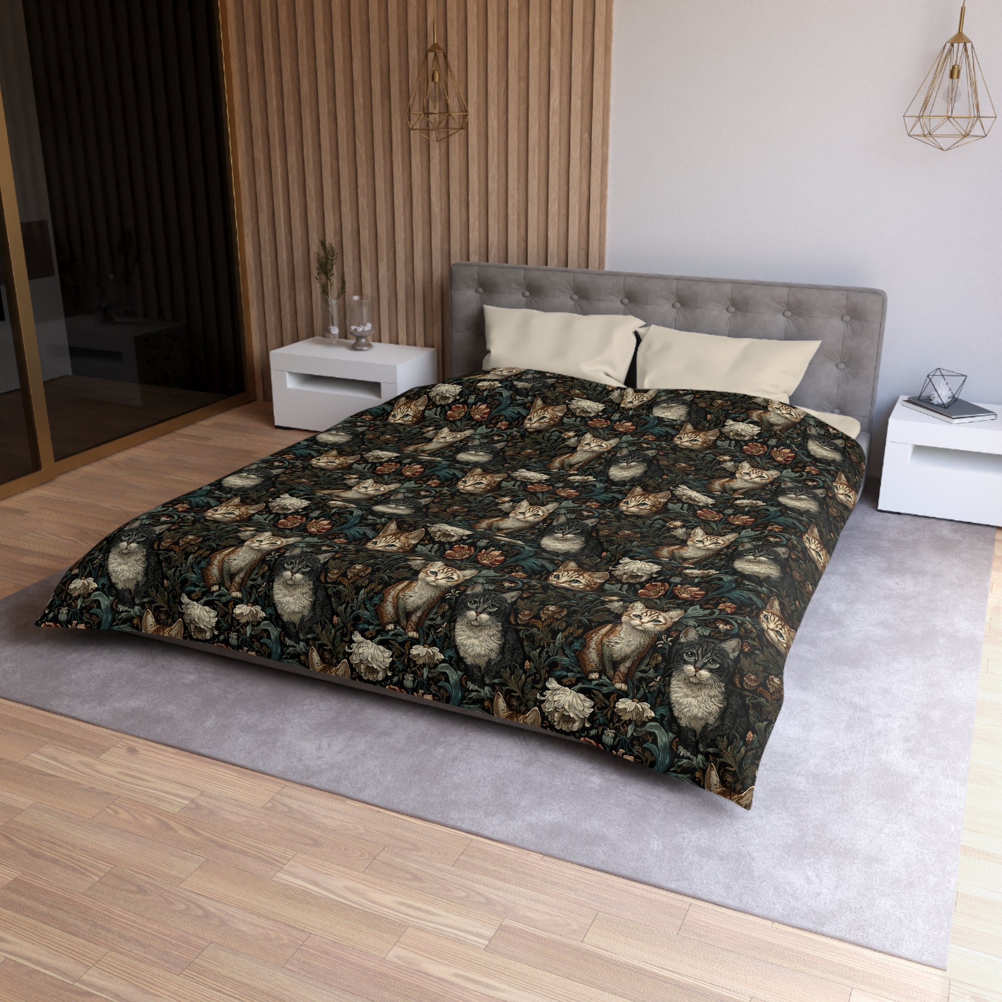 Duvet Cover - Brown Tabby Kittens Among Dark Green and Peach Floral Vines, Moody Vintage Style