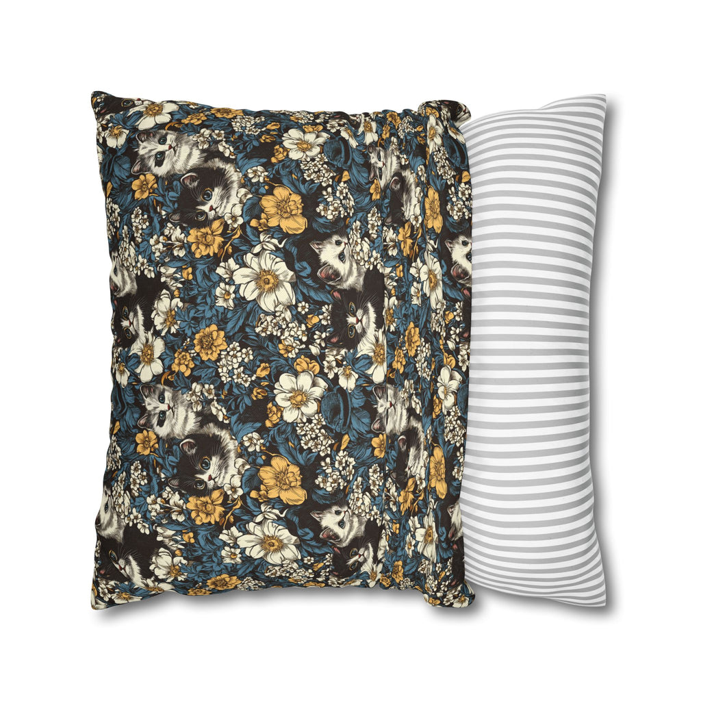 Square Pillowcase - Black and White Kittens with Yellow and White Flowers, Dark Blue Leaves, Vintage Charm