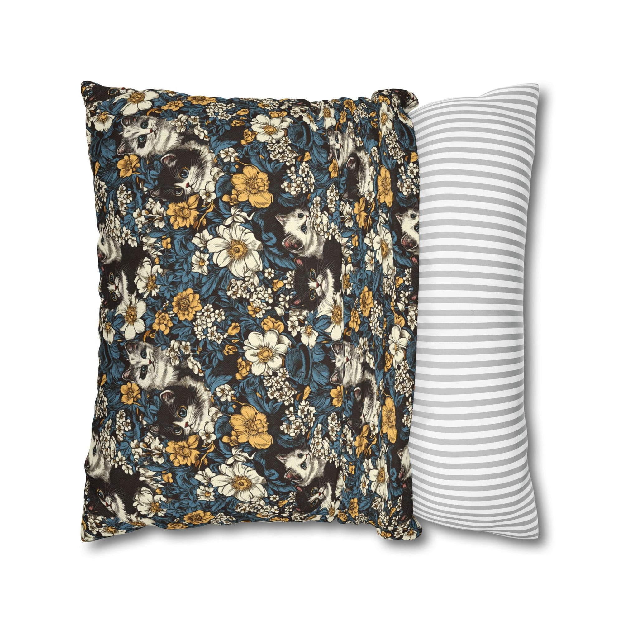 Square Pillowcase - Black and White Kittens with Yellow and White Flowers, Dark Blue Leaves, Vintage Charm