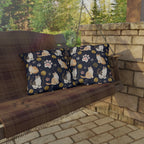 Outdoor Pillow - Charming cats and golden yarn playful design, cute kittens with paw prints, whimsical animal art for cat lovers, dark blue background, delightful pet themed illustration