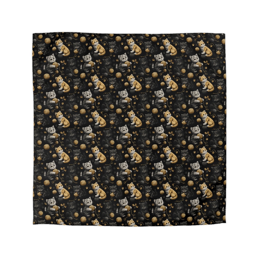 Duvet Cover - Assorted Cute Kittens with Colorful Yarn Balls and Paw Prints on a Black Backdrop