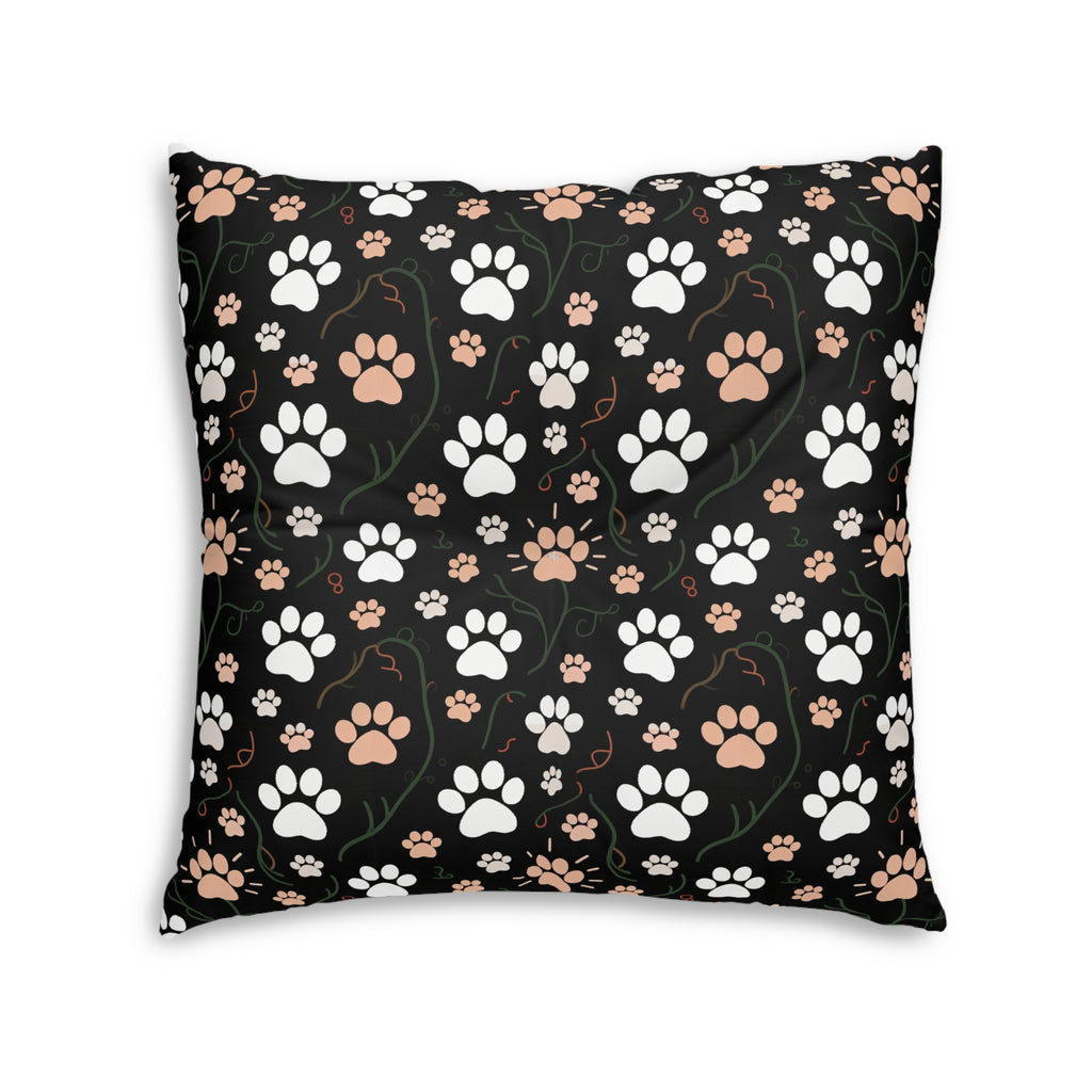 Indoor Square Floor Pillow - Whimsical cat and kitten garden party, various cat breeds amidst green foliage and pink flowers, charming animal illustration, dark forest green background, playful and natural art