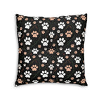 Indoor Square Floor Pillow - Whimsical cat and kitten garden party, various cat breeds amidst green foliage and pink flowers, charming animal illustration, dark forest green background, playful and natural art