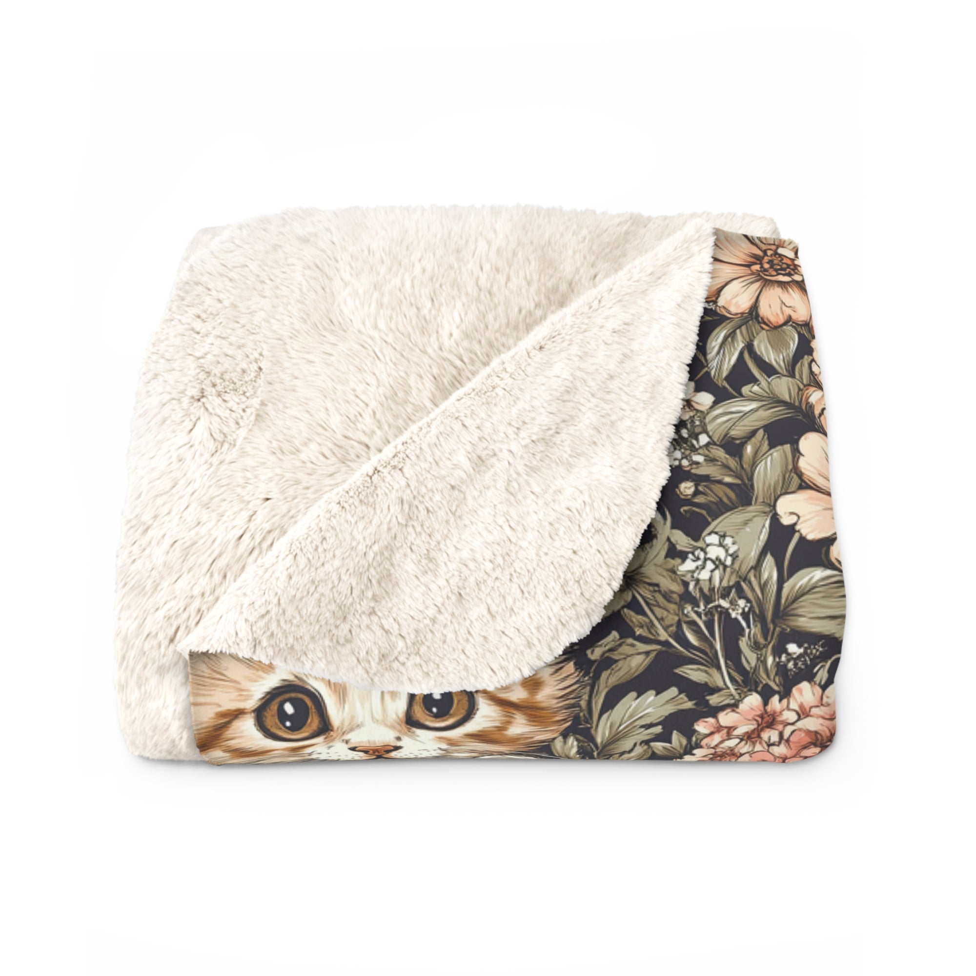 Sherpa Blanket - Peach and White Kittens in Dark Floral Garden, Vintage Style, Sweet and Charming Scene