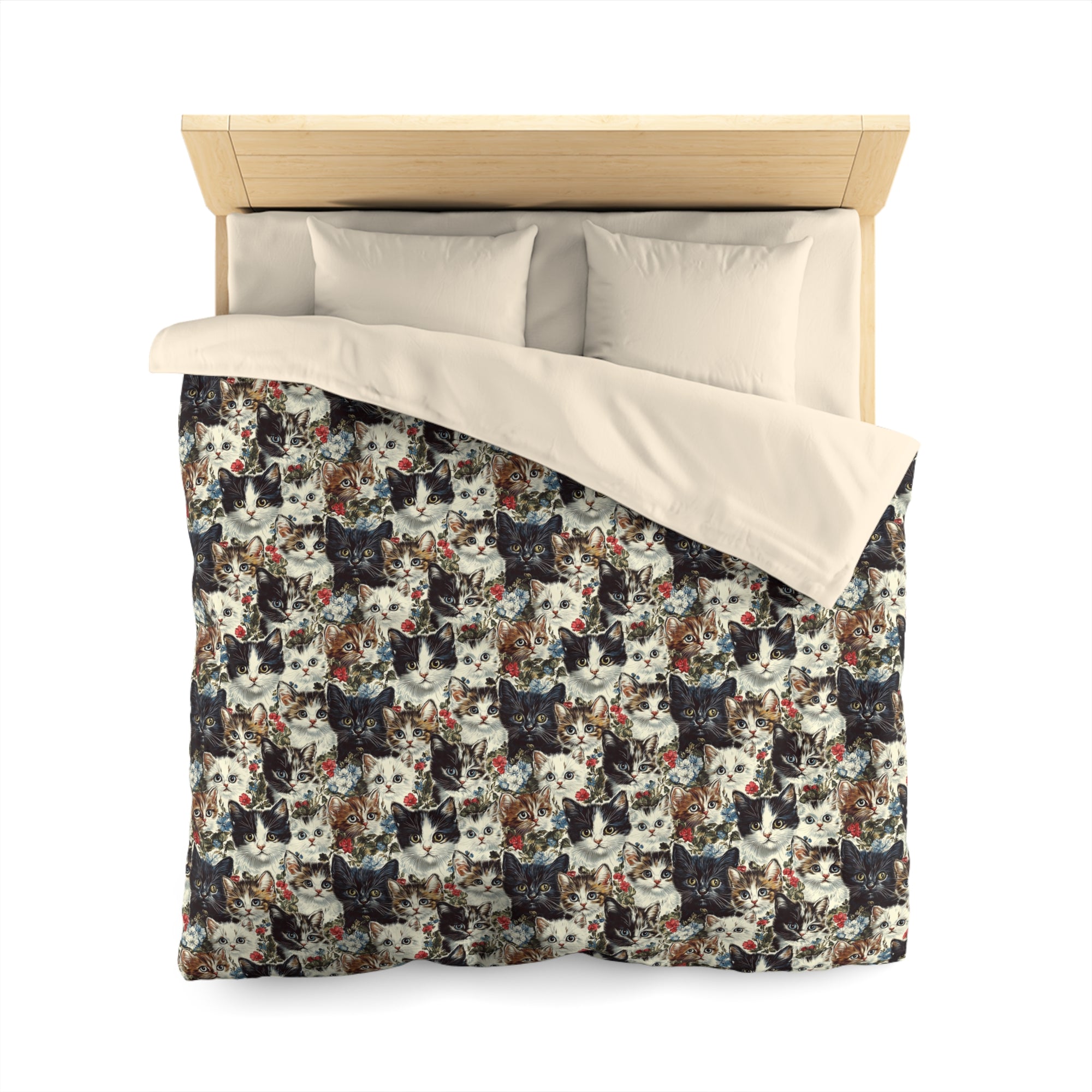 Duvet Cover - Colorful Kitten Faces with Red and Blue Flowers, Whimsical and Bright, Pattern Design