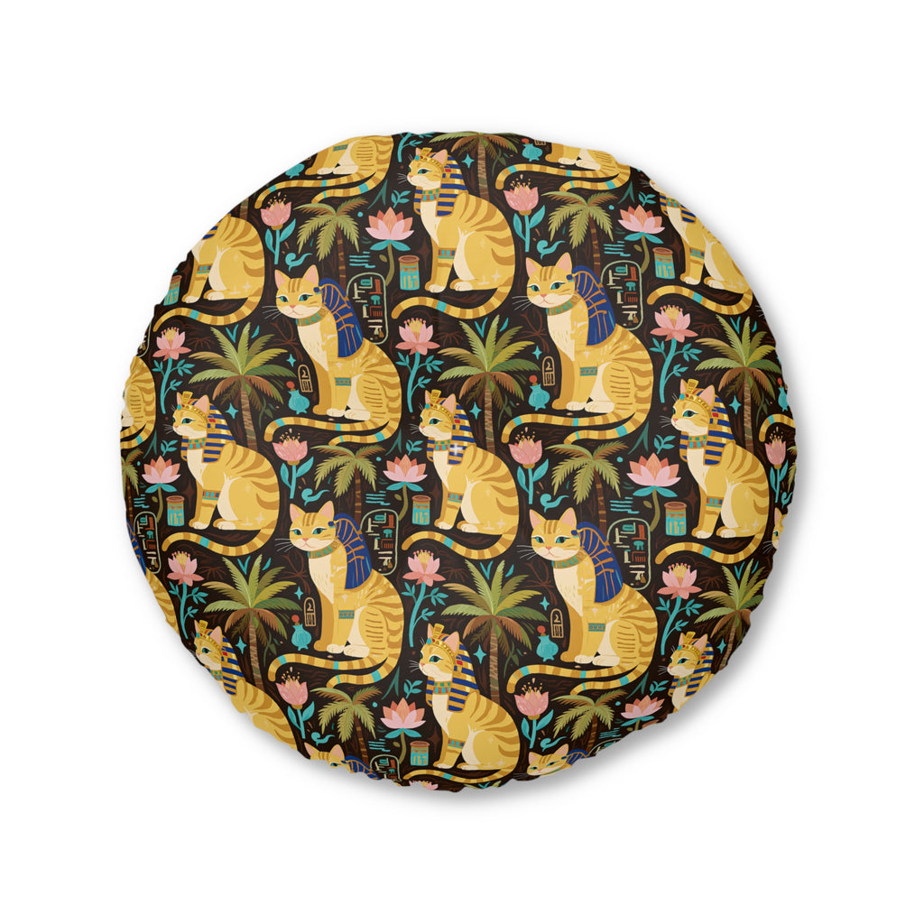 Indoor Round Floor Pillow - Golden Egyptian Cats with Pharaonic Headpieces Amidst Lush Palms and Lotus Flowers in an Exotic and Vibrant Scene