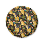 Indoor Round Floor Pillow - Golden Egyptian Cats with Pharaonic Headpieces Amidst Lush Palms and Lotus Flowers in an Exotic and Vibrant Scene