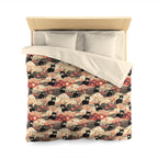 Duvet Cover - A whimsical and enchanting Japanese-style pattern featuring cute black and orange cats nestled among vibrant orange blossoms and soft, cloudy backgrounds.
