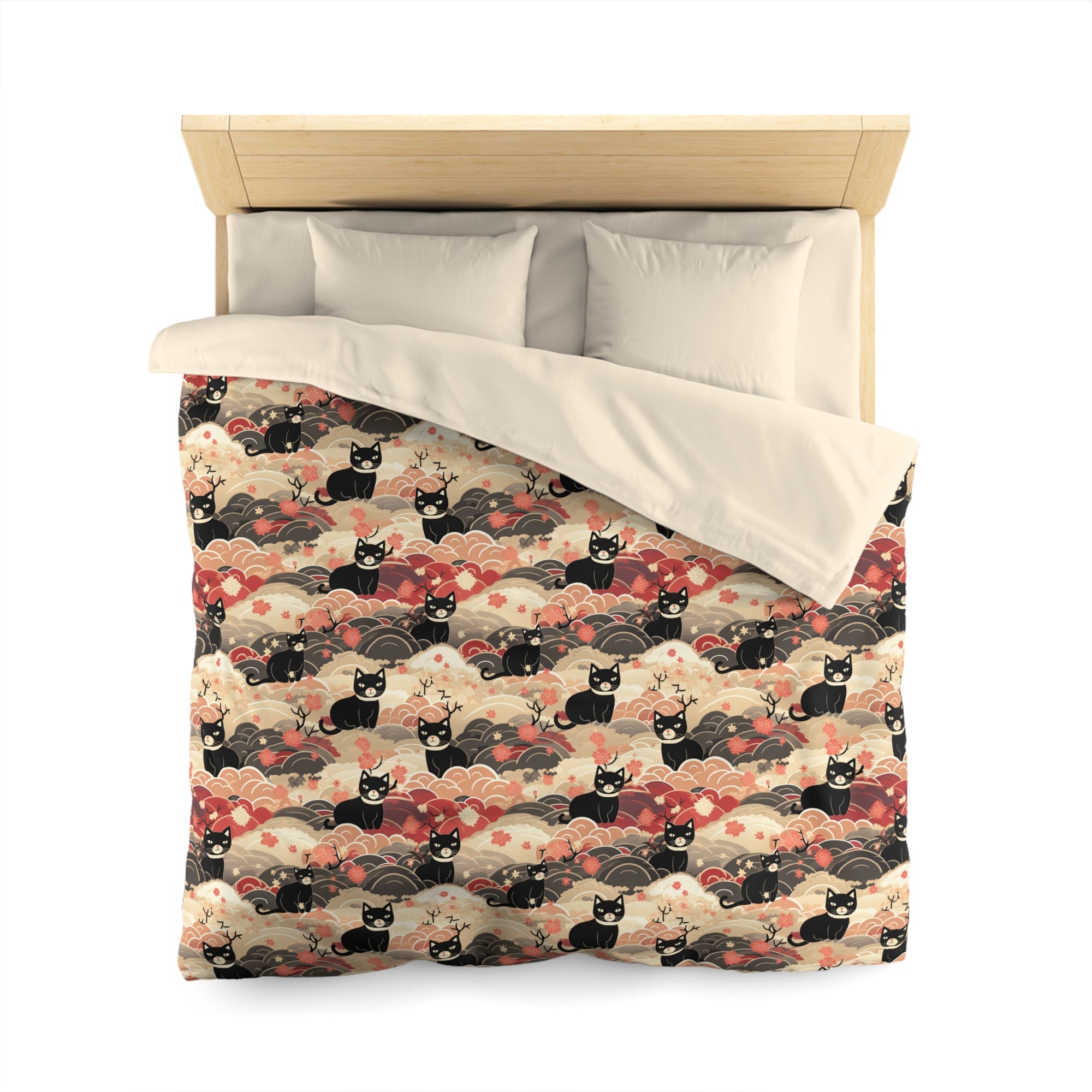 Duvet Cover - A whimsical and enchanting Japanese-style pattern featuring cute black and orange cats nestled among vibrant orange blossoms and soft, cloudy backgrounds.