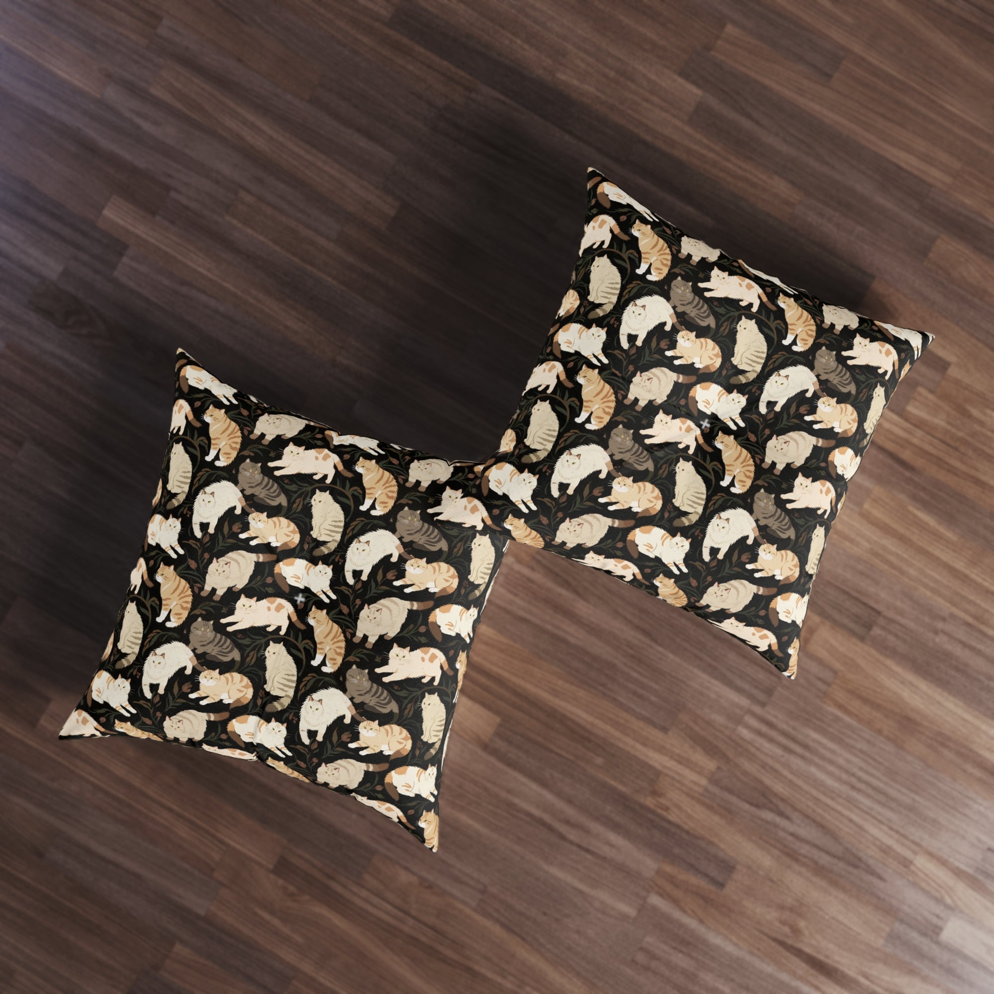 Indoor Square Floor Pillow - Earthy Toned Cats Lounge and Play Amidst Dark Foliage in a Serene and Naturally Inspired Seamless Pattern Design