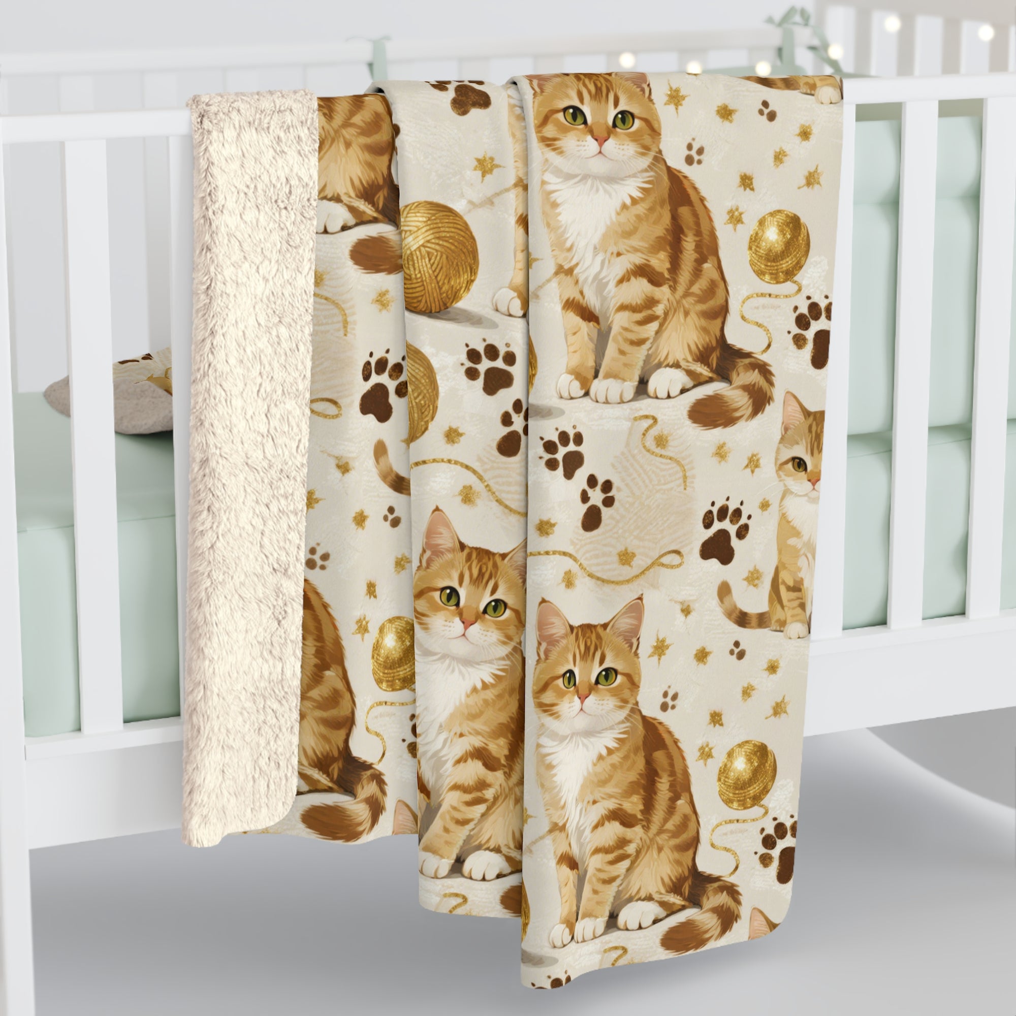 Sherpa Blanket - Adorable ginger cat with bright green eyes, sparkling gold yarn and paw prints, classic tabby cat illustration, cream background, cute and charming pet themed art