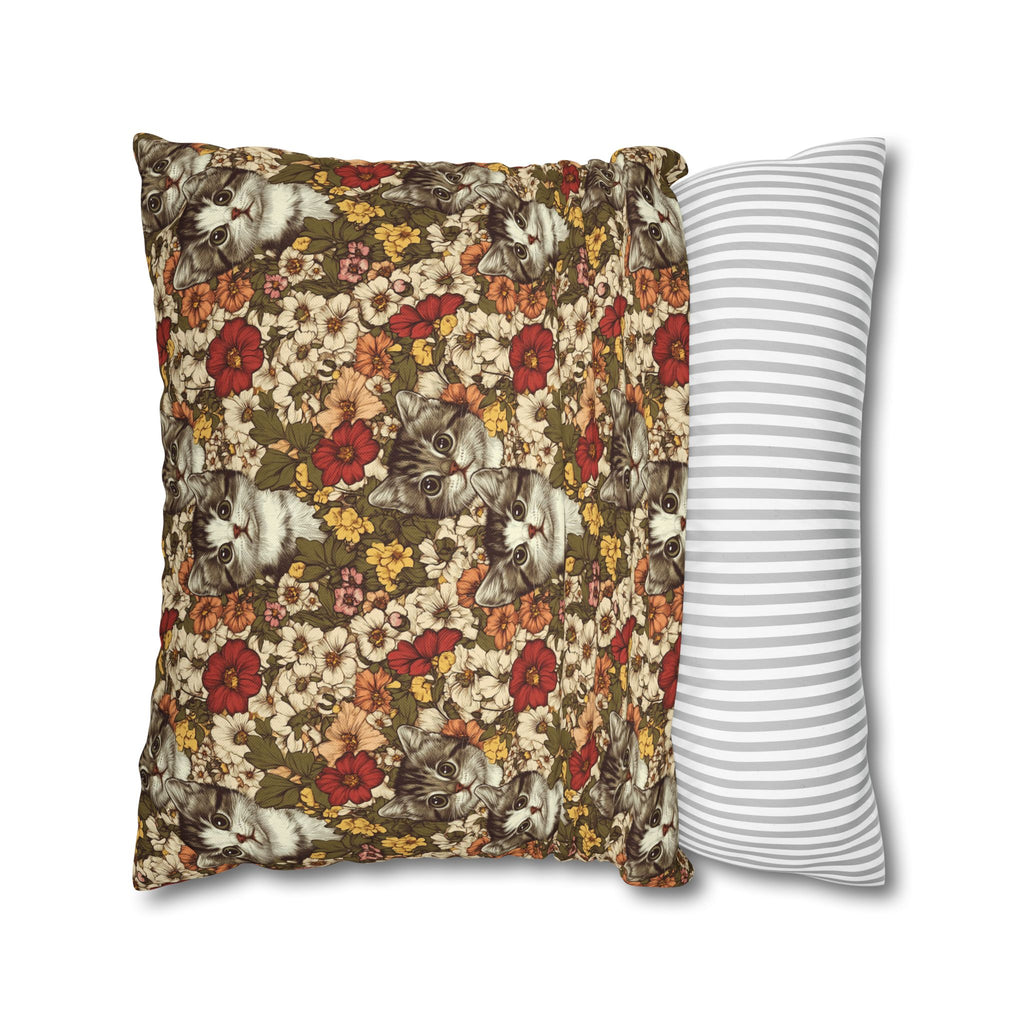 Square Pillowcase - Grey Tabby Kittens in a Garden of Red, Peach, and Yellow Flowers, Soft Vintage Style
