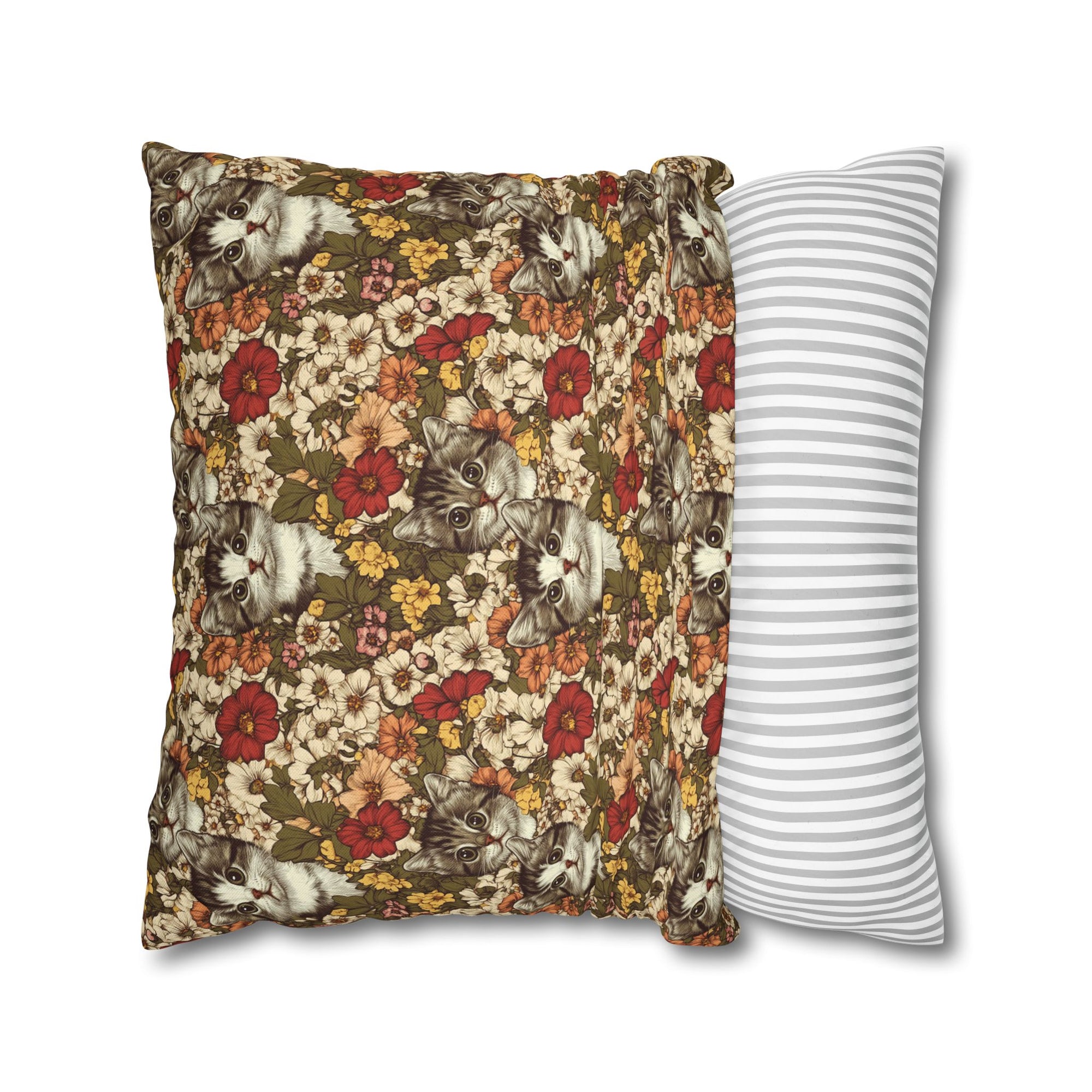 Square Pillowcase - Grey Tabby Kittens in a Garden of Red, Peach, and Yellow Flowers, Soft Vintage Style