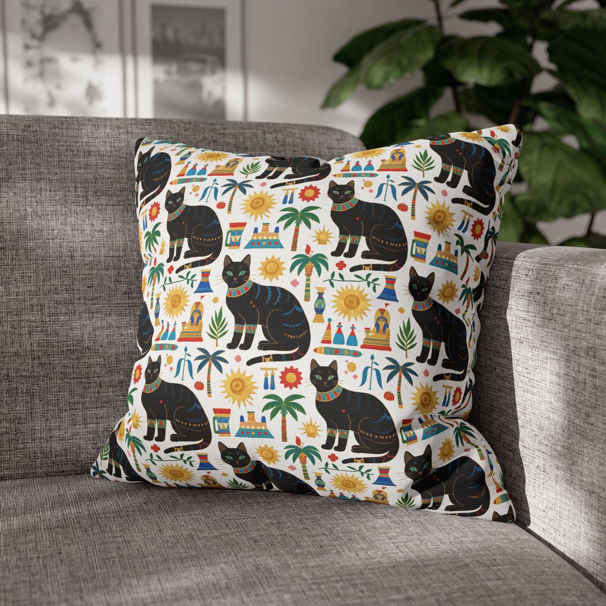 Square Pillowcase - Majestic Black Egyptian Cats with Vibrant Adornments and Desert Motifs Create a Striking and Culturally Rich Design