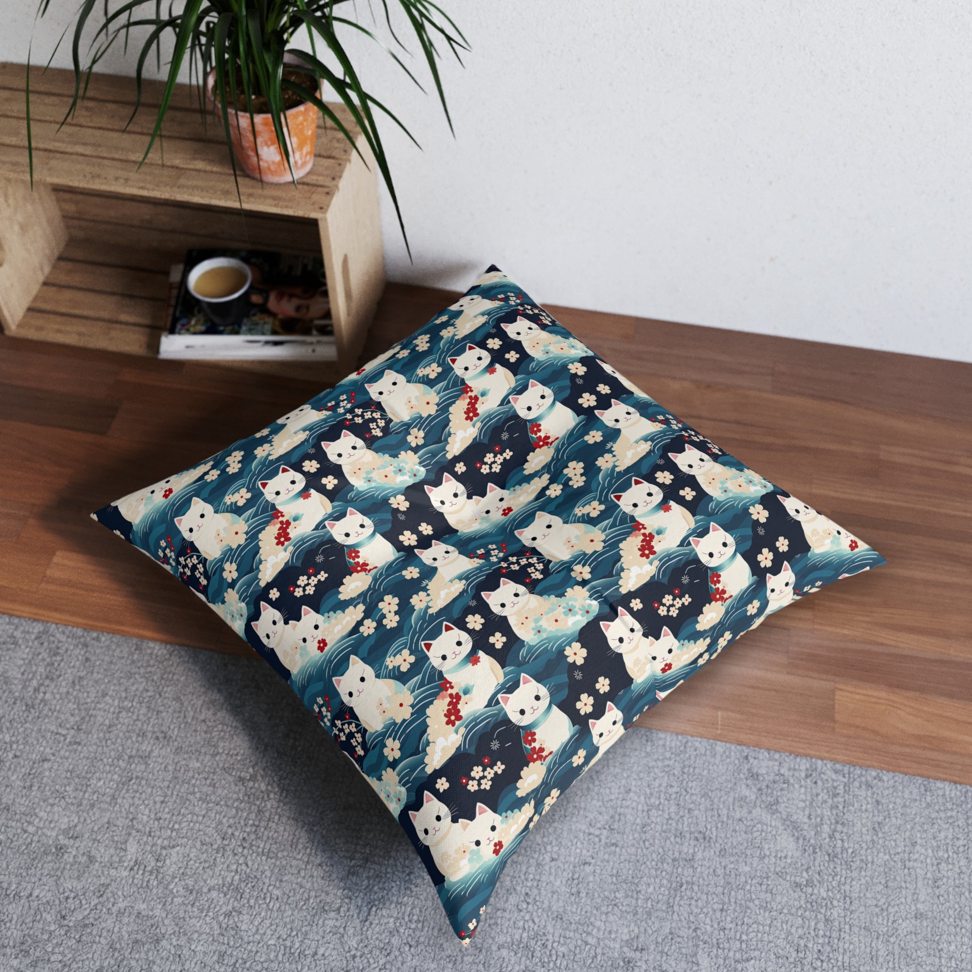 Indoor Square Floor Pillow - A lovely, playful, Japanese-inspired illustration of sweet white cats sitting on rolling blue waves with red and white flowers and gentle clouds.