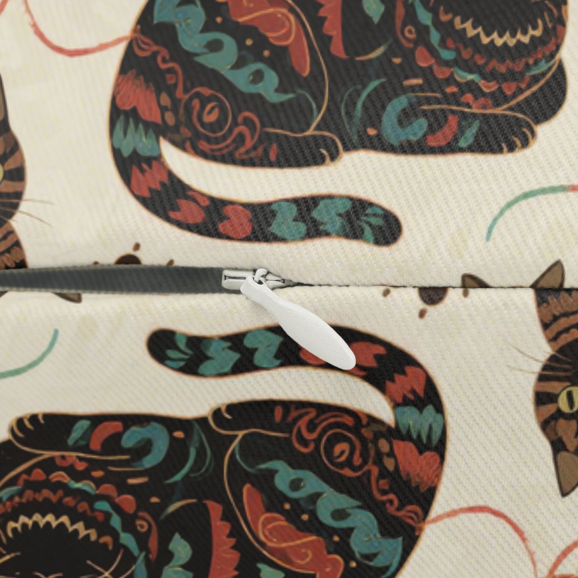 Indoor Lumbar Pillow - Intricate tribal patterned black cats, colorful folk art style, playful felines with yarn balls and paw prints, artistic and bohemian cat design, cream background, unique animal print